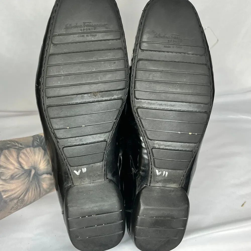 Salvatore Ferragamo‎ Loafers Mens 8.5 Black Patent Leather Sport Gold Hardware